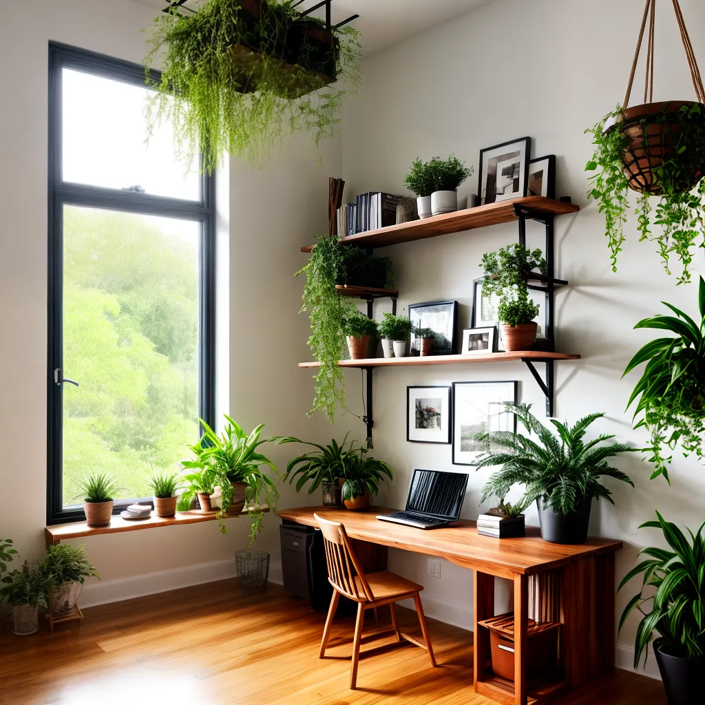 escritorio plantas penduradas madeira