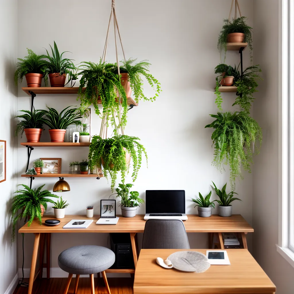 escritorio madeira cadeira plantas macrame