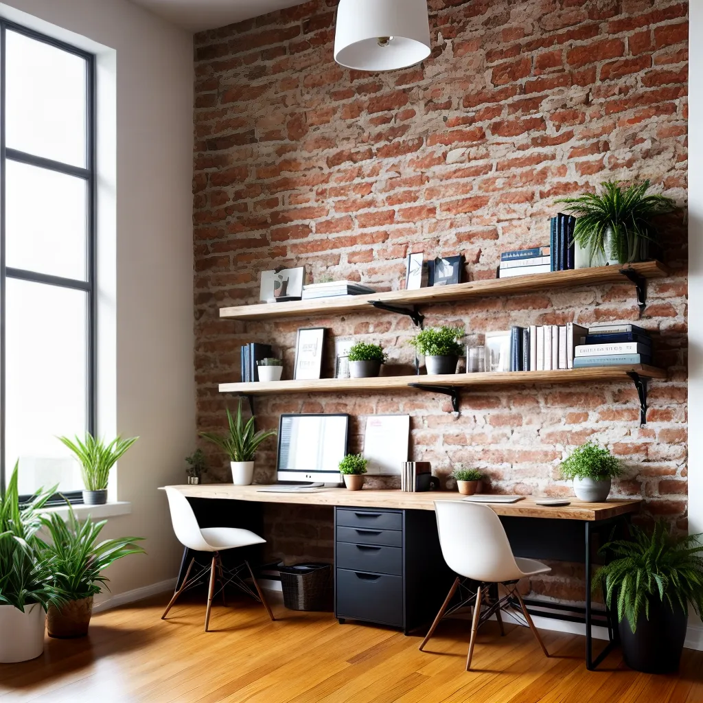 escritorio casa tijolos madeira plantas