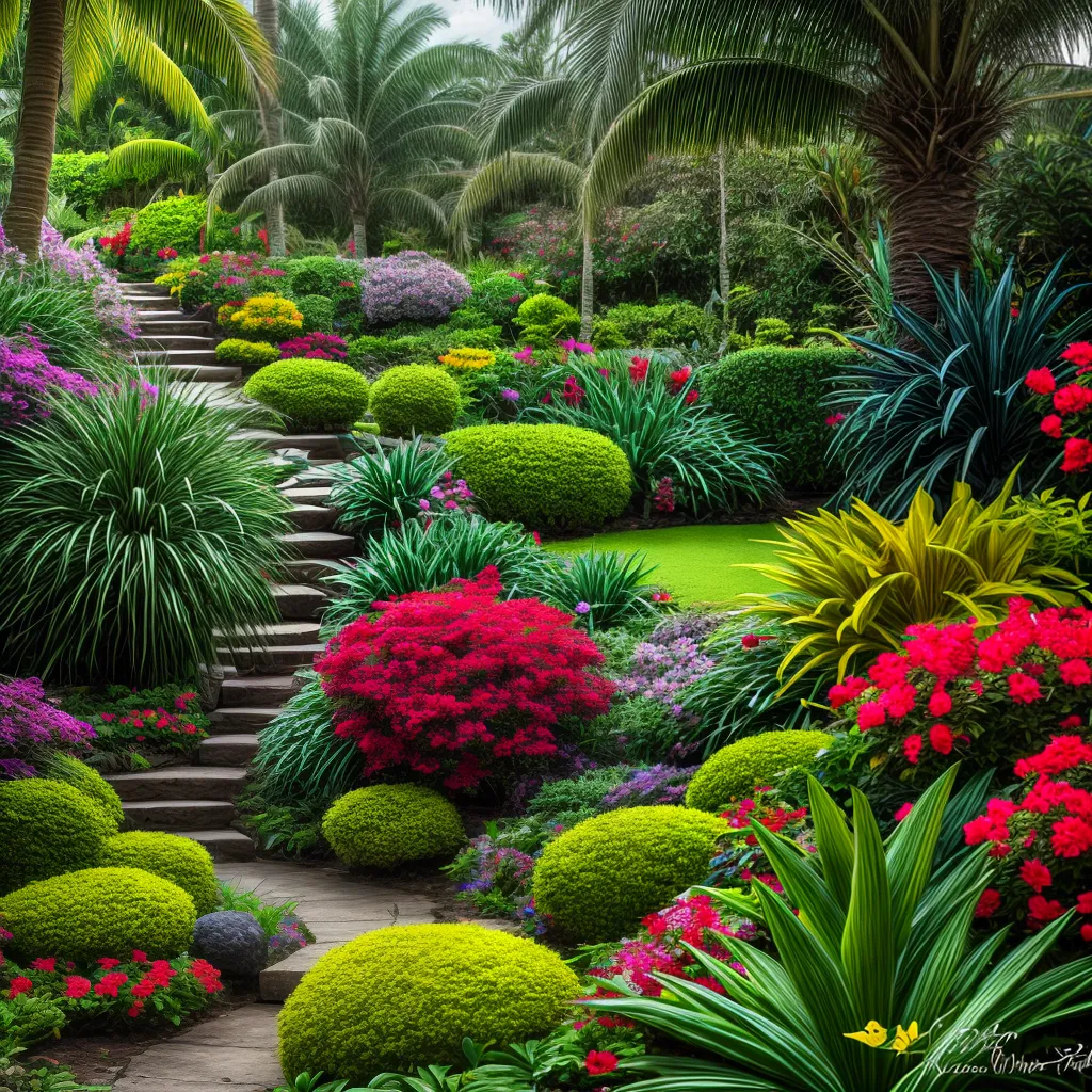 jardim tropical flores exoticas folhagem