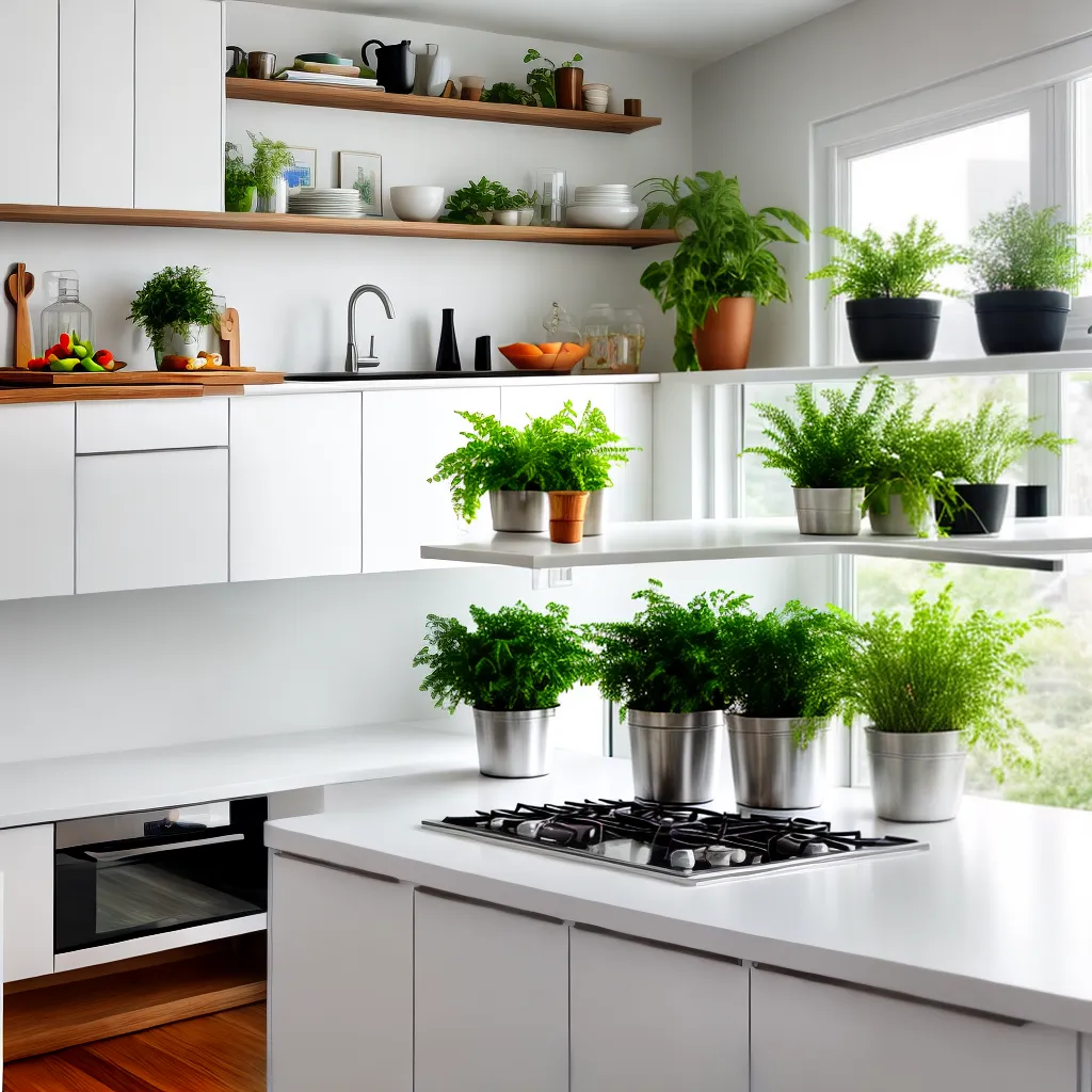 cozinha moderna branco verde plantas