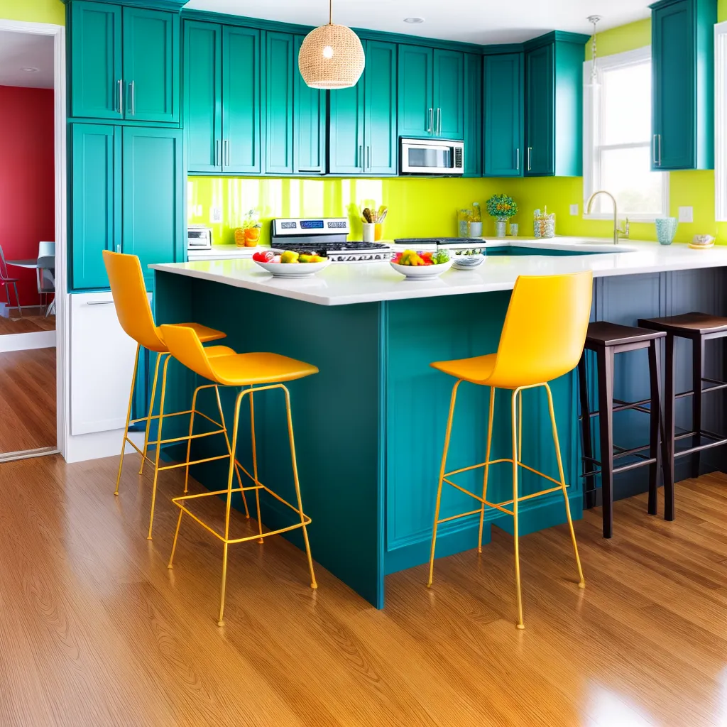 cozinha colorida mesa turquesa vermelho