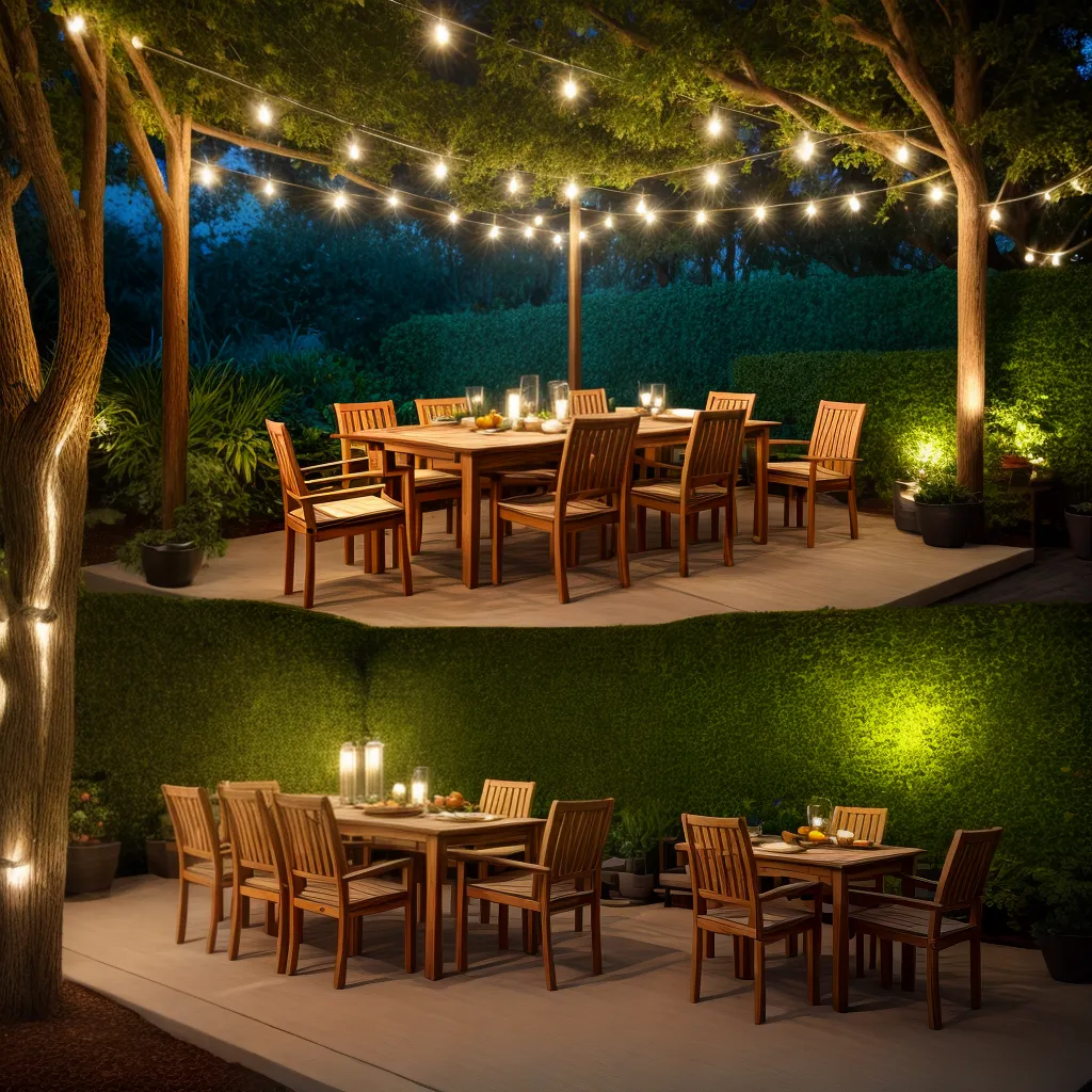 jardim externo mesa madeira luzes