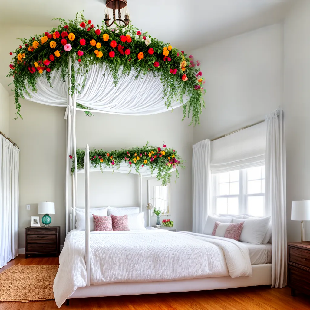 quarto acochoante cama dossel flores artificiais