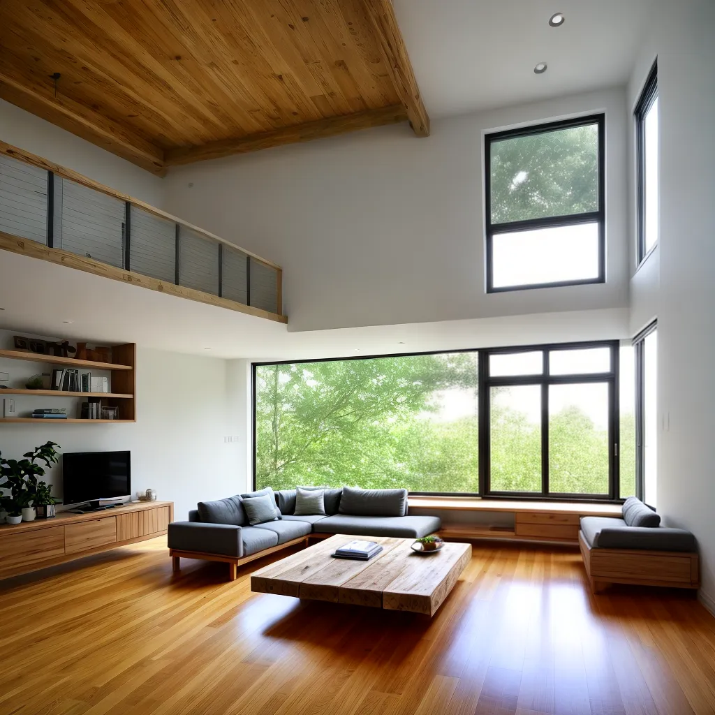 sala minimalista janelas madeira reciclavel