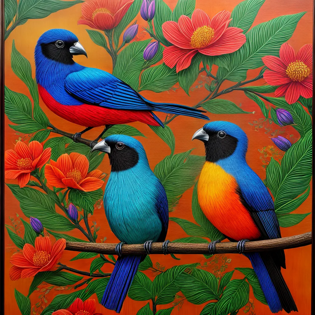 pintura batik flores passaros coloridos