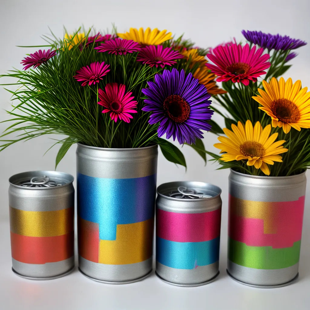 centro mesa latas recicladas flores coloridas