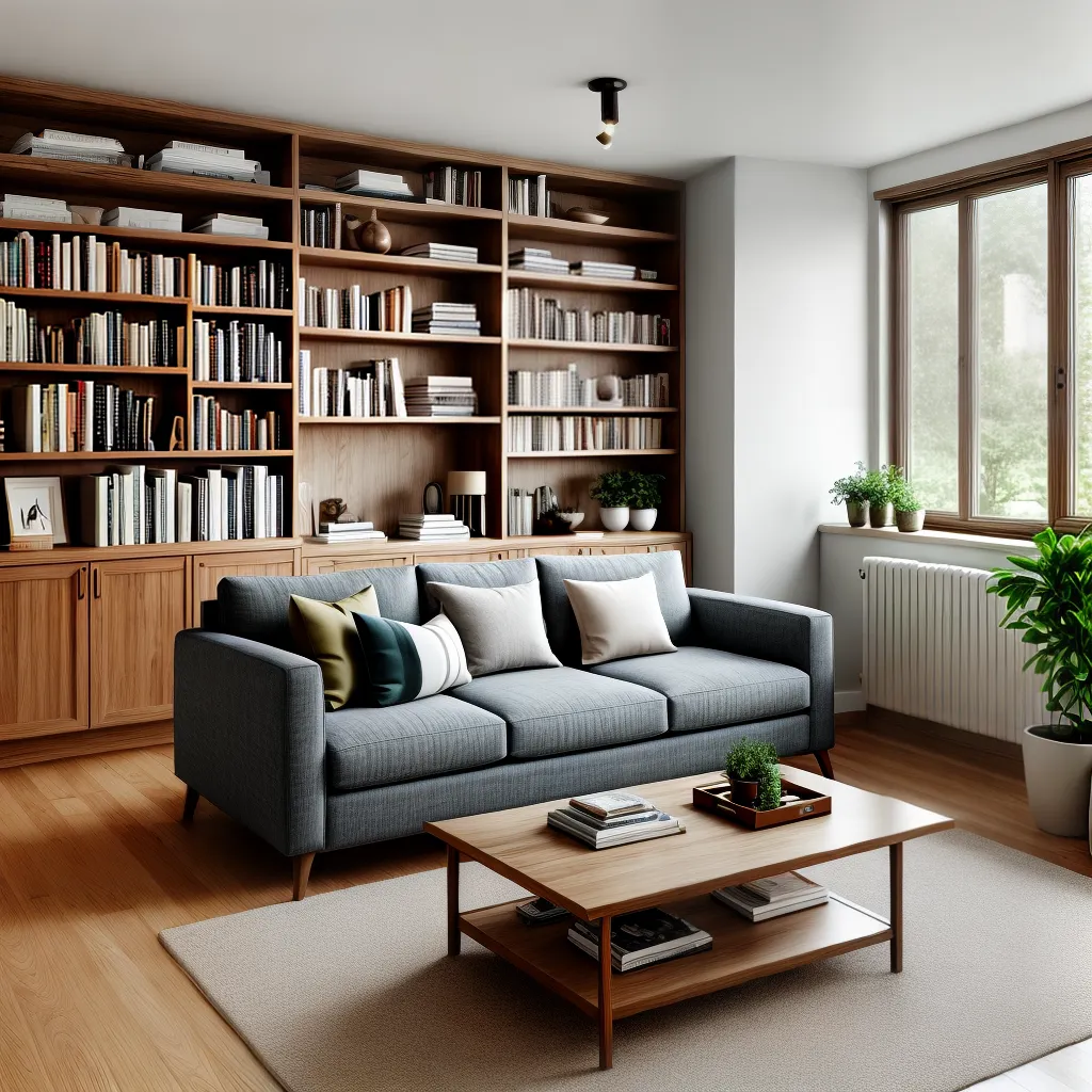 sala estar acolhedora sofa livros