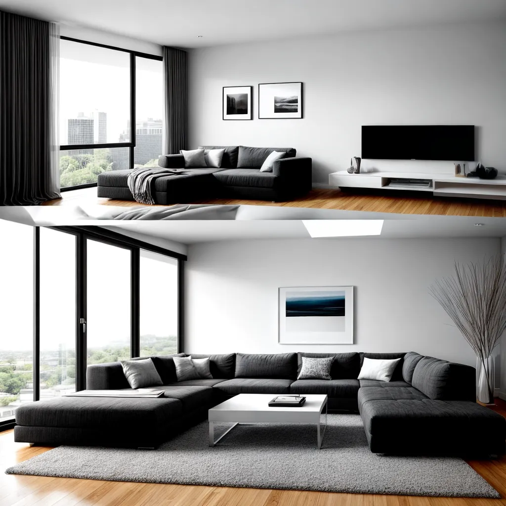 sala minimalista sofa cinza arte