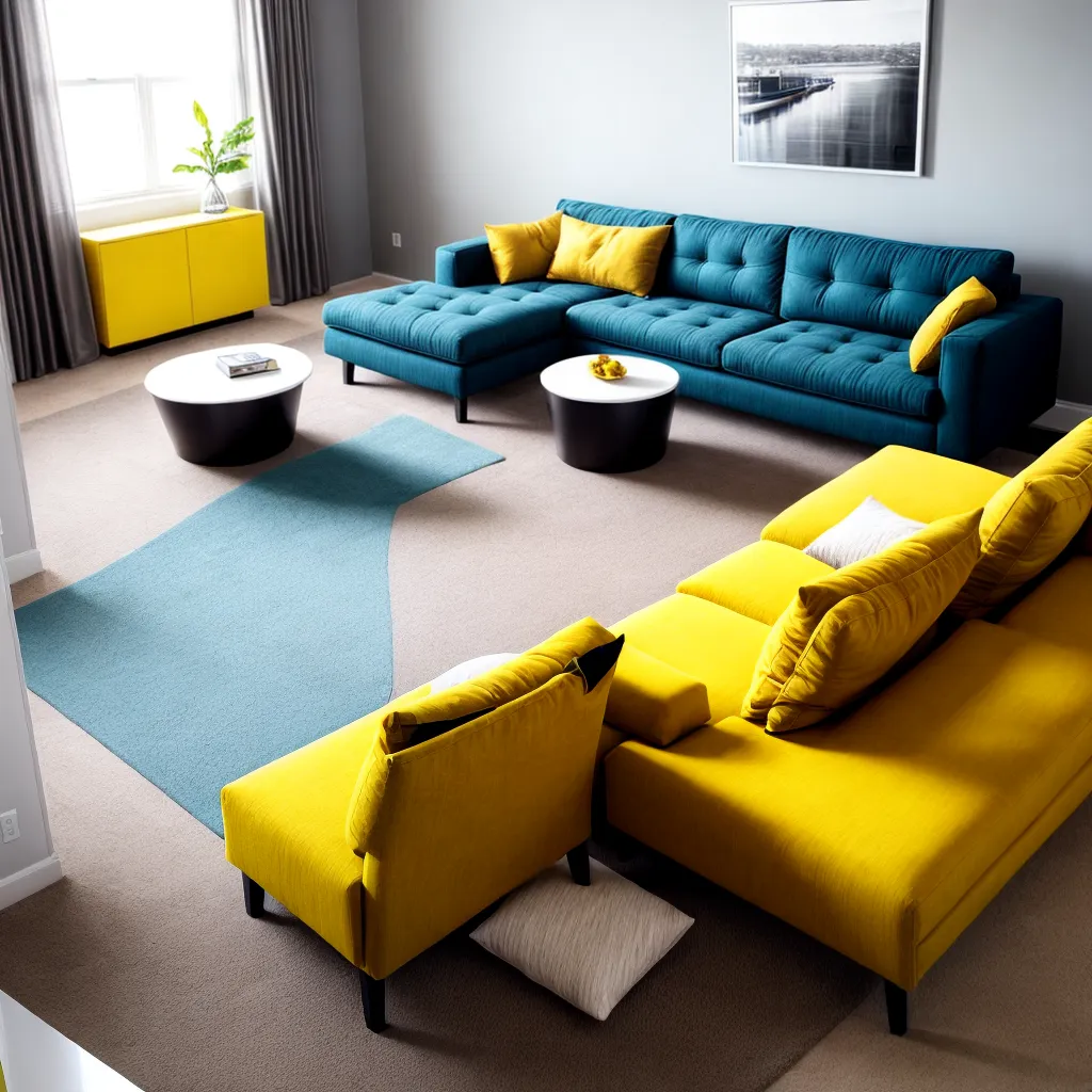 sala moderna sofa cinza amarelo teal