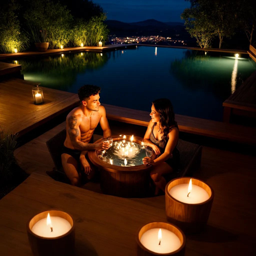 banheira madeira velas romance casal