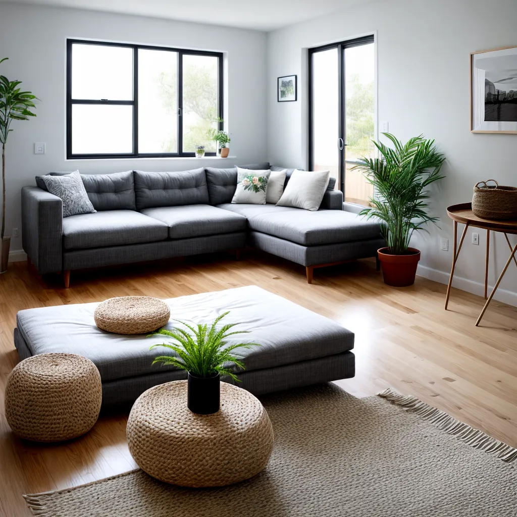 sala decorada puff reciclado plantas