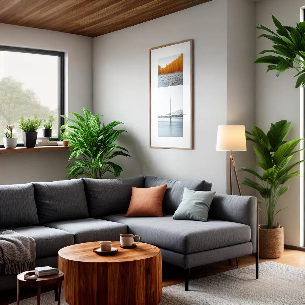 sala madeira sofa plantas luz
