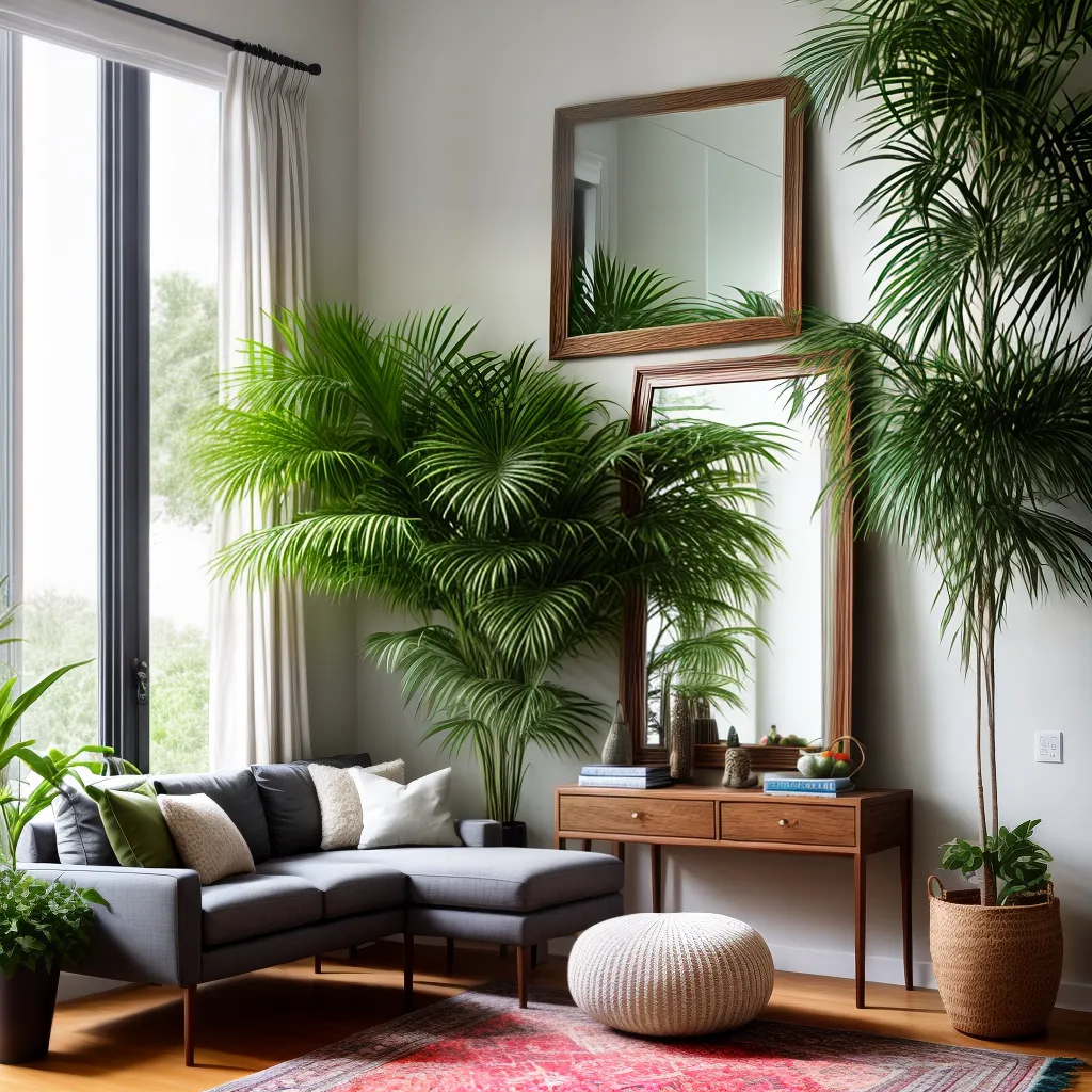sala decorada espelho organico plantas