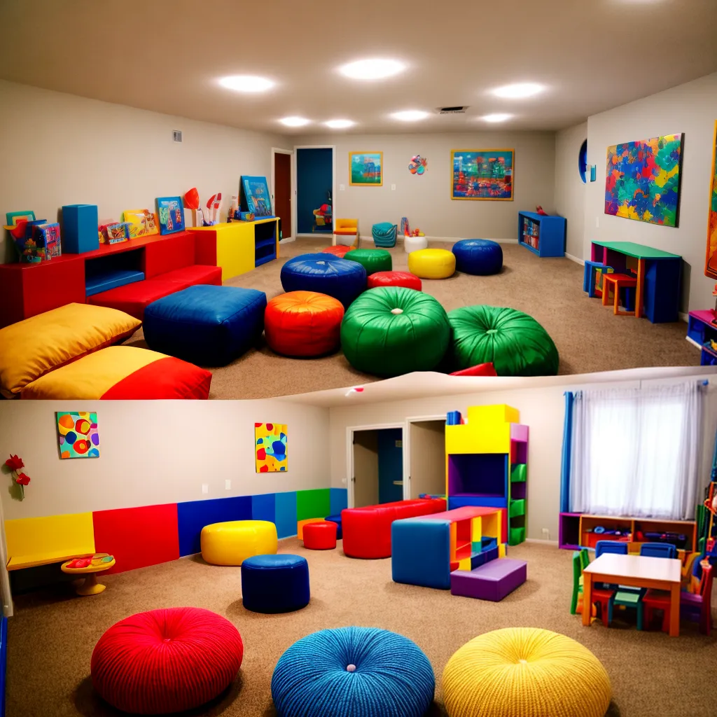 sala de brincar colorida leitura blocos cozinha artesanato