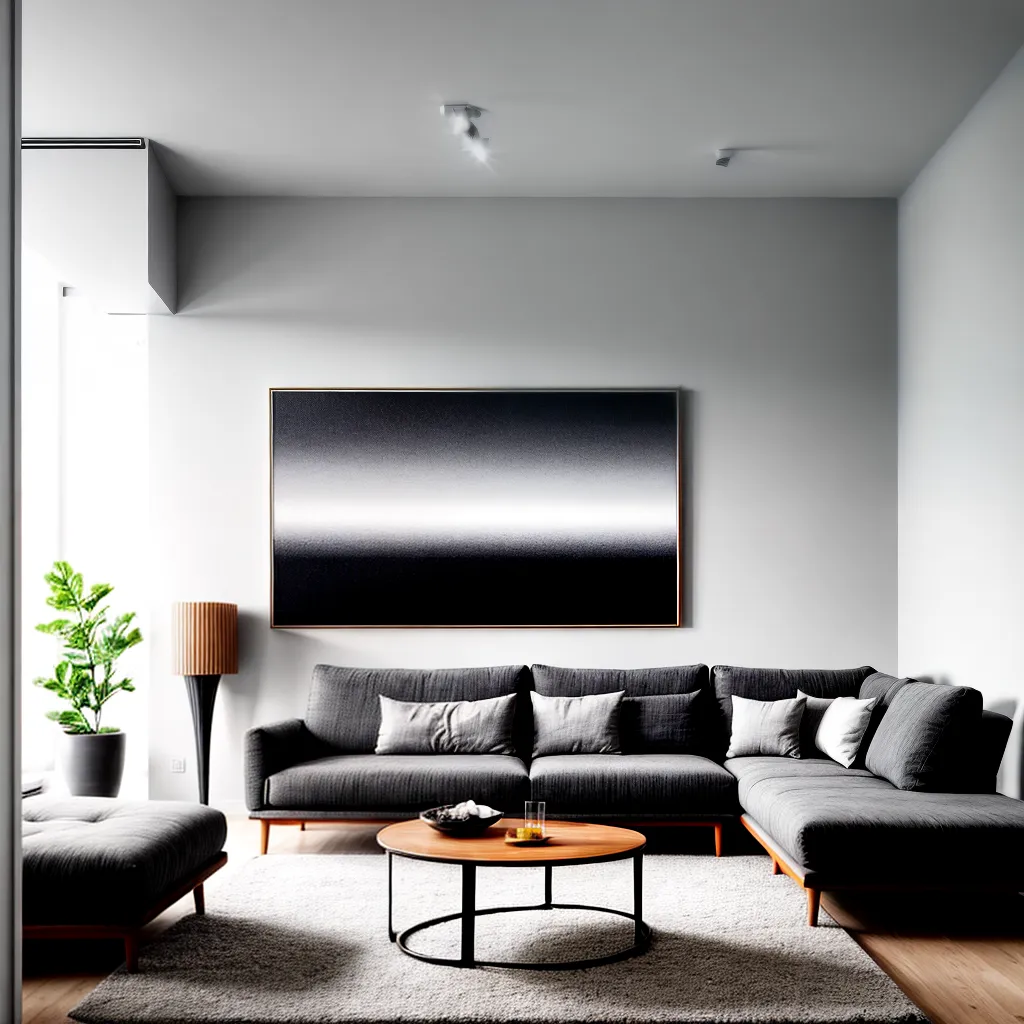 sala minimalista sofa cinza arte abstrata