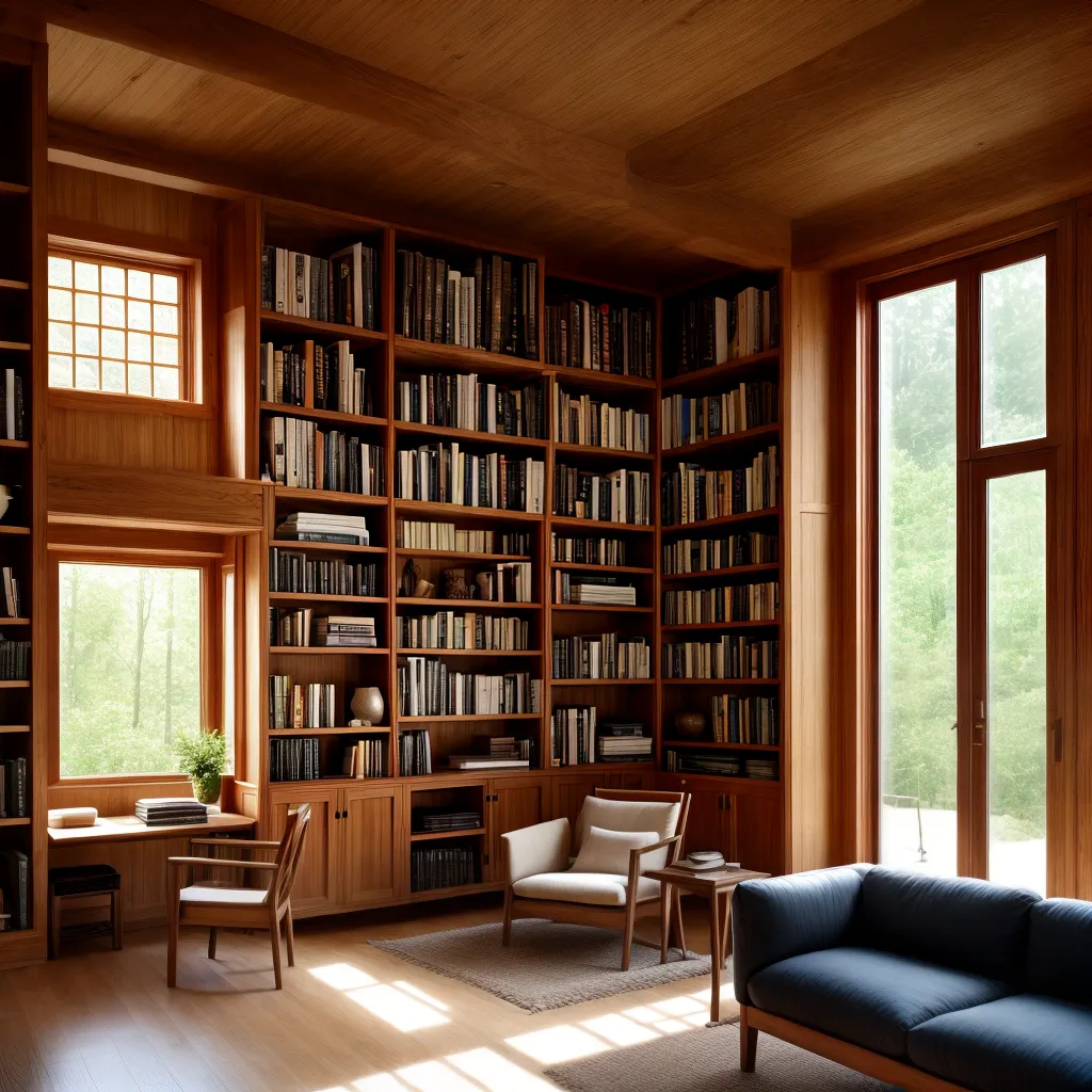 biblioteca madeira escura poltrona leitura