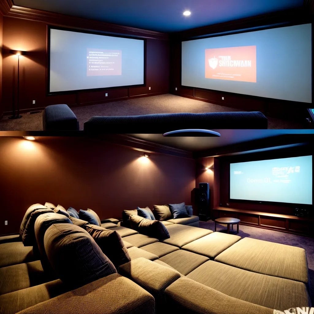 sala cinema sofa tela iluminacao acolhedora