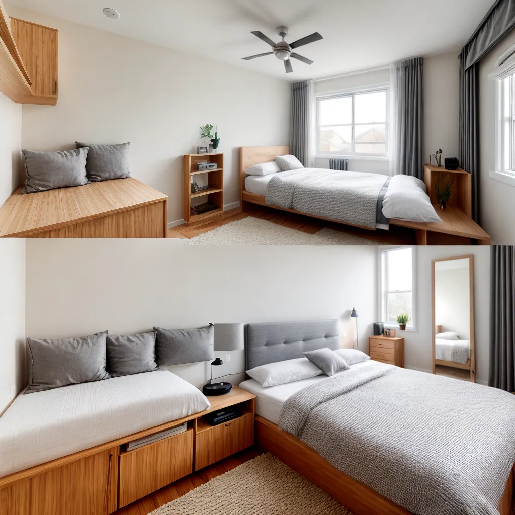 quarto aconchegante cama arrumada armazenamento