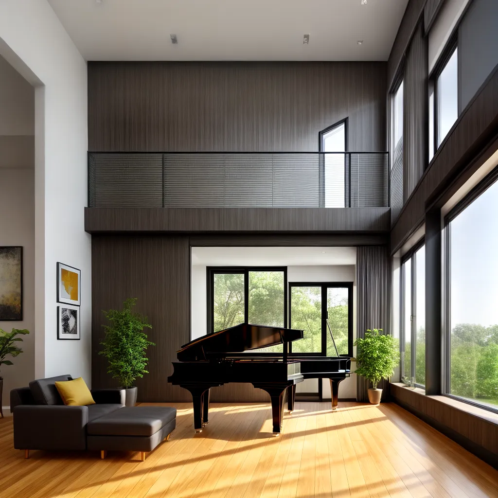 sala estar piano preto janela jardim