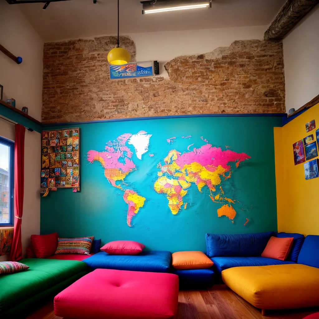 area comum hostel colorida viajantes