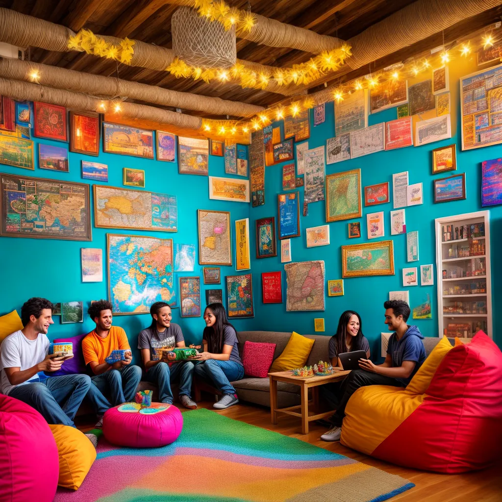 area comum hostel tapecarias cadeiras mapa