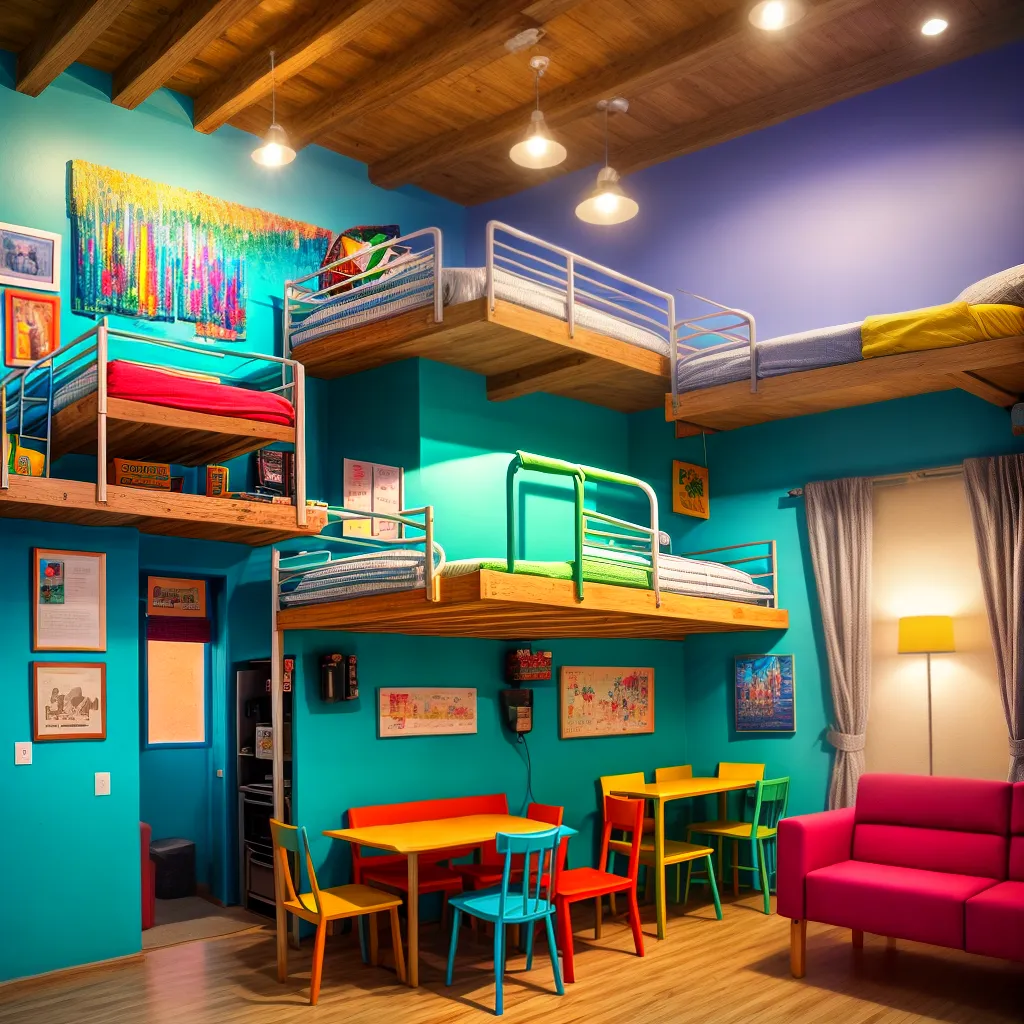 area comum hostel colorido arte