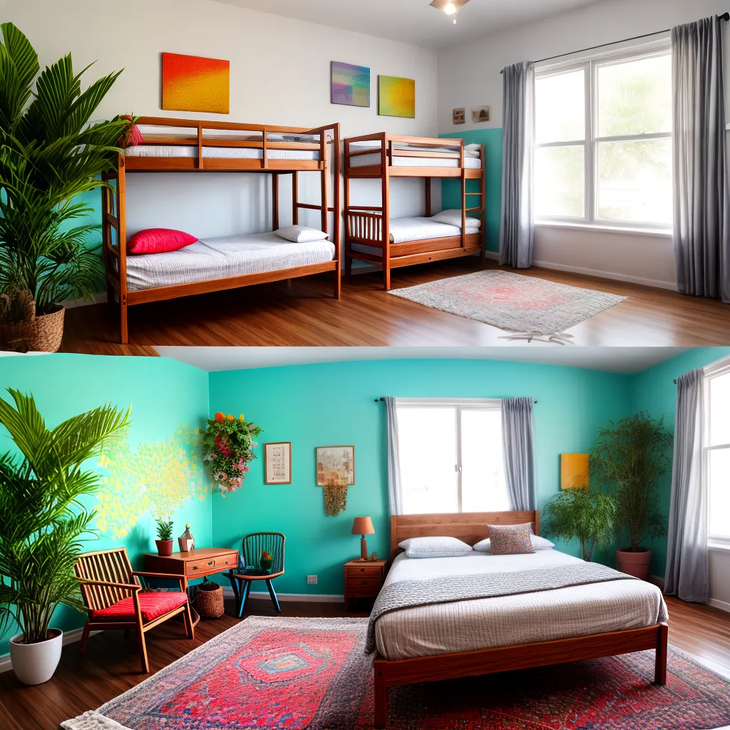 hostel quarto colorido plantas acolhedor