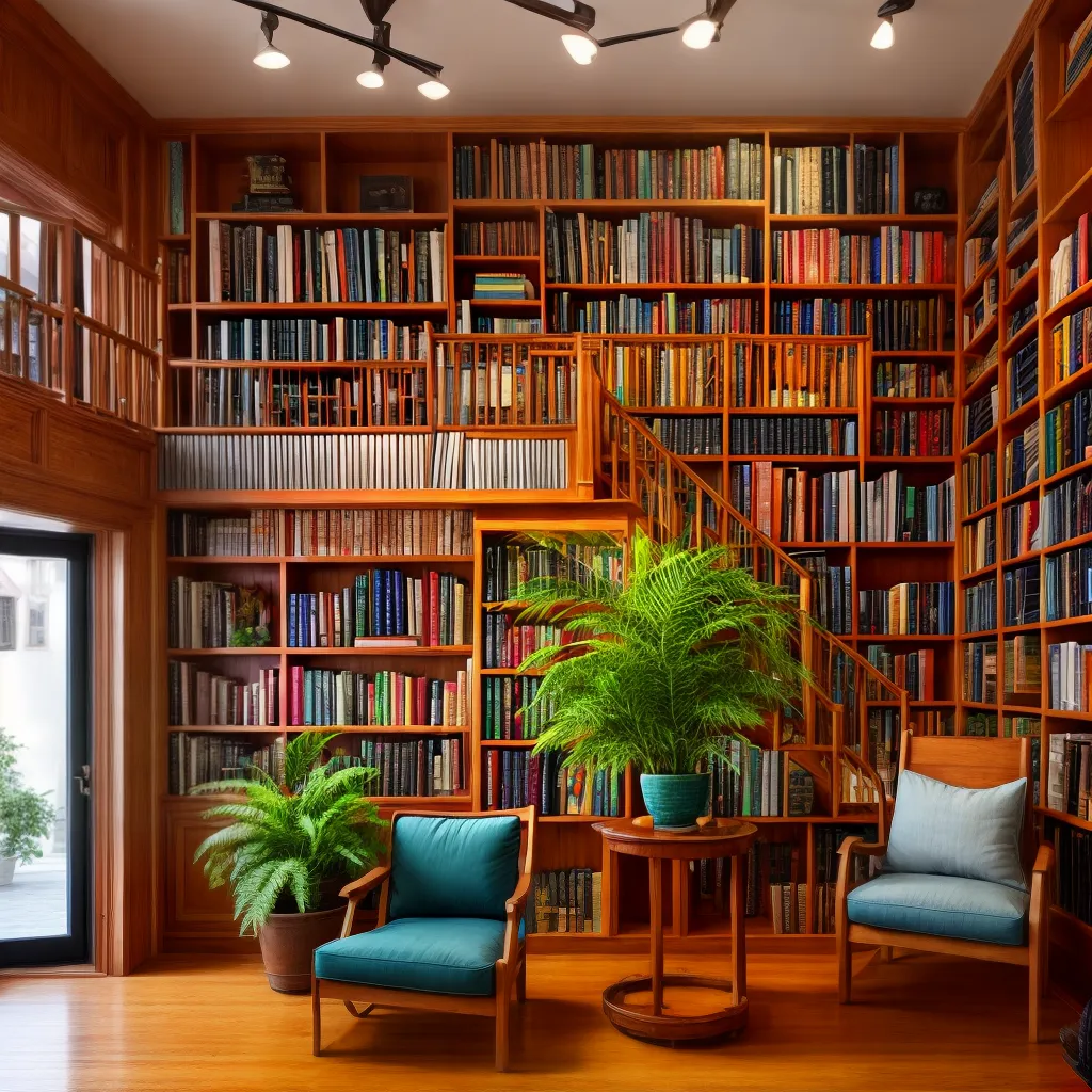 livraria arrumada plantas estante madeira