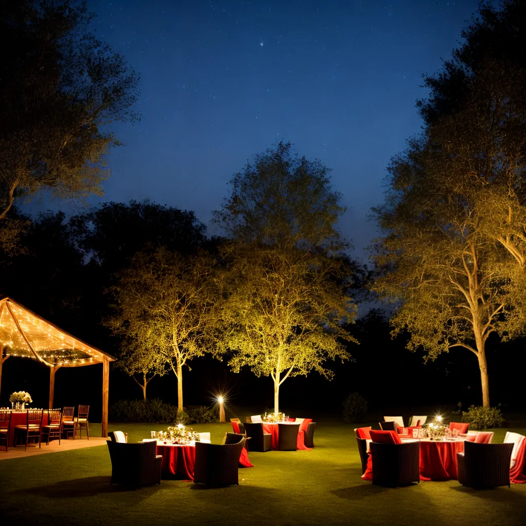 evento ao ar livre luzes arvores mesa rustica