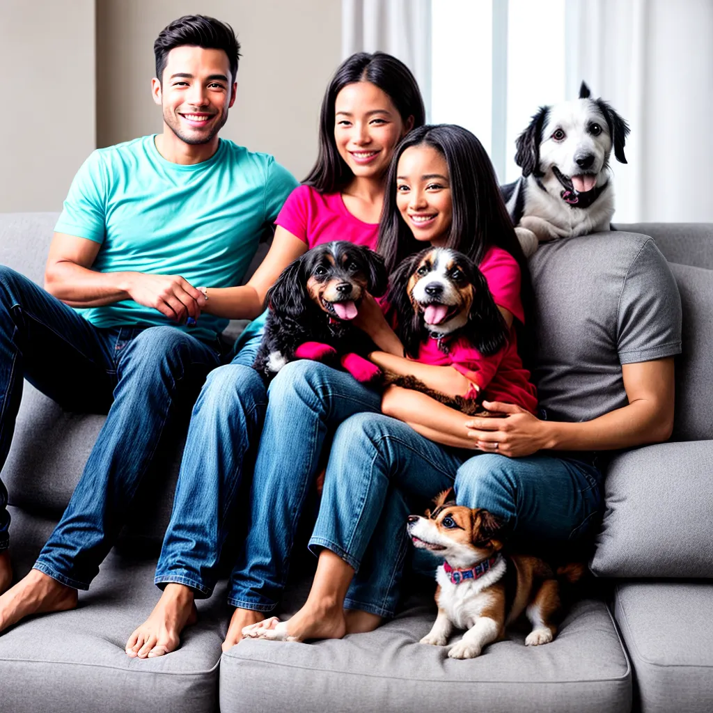 casal sorrindo cachorro sofa