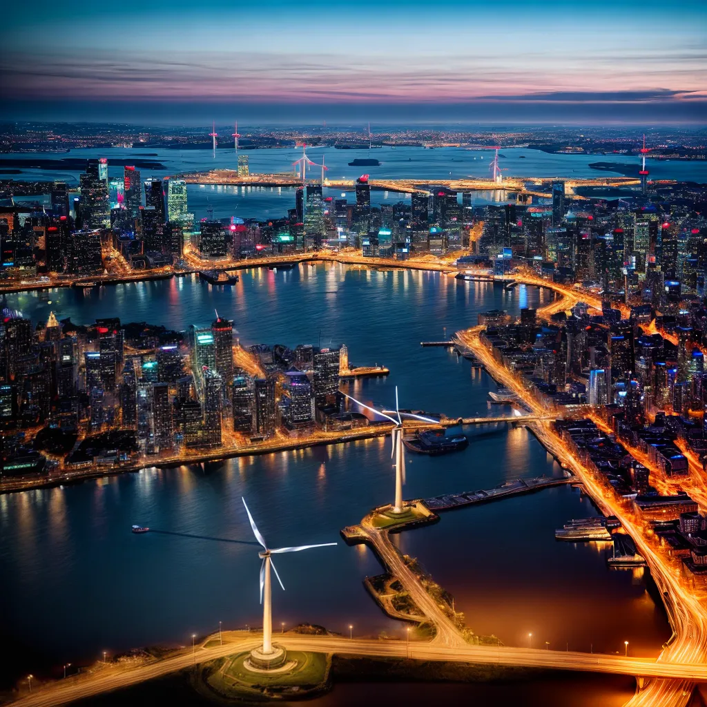 cidade noturna turbina eolica sustentavel cidade noturna turbina eolica sustentavel