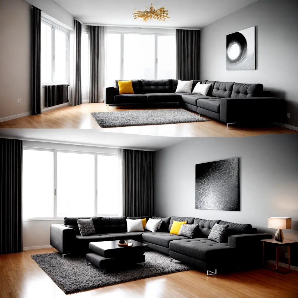 sala minimalista sofa cinza pintura abstrata