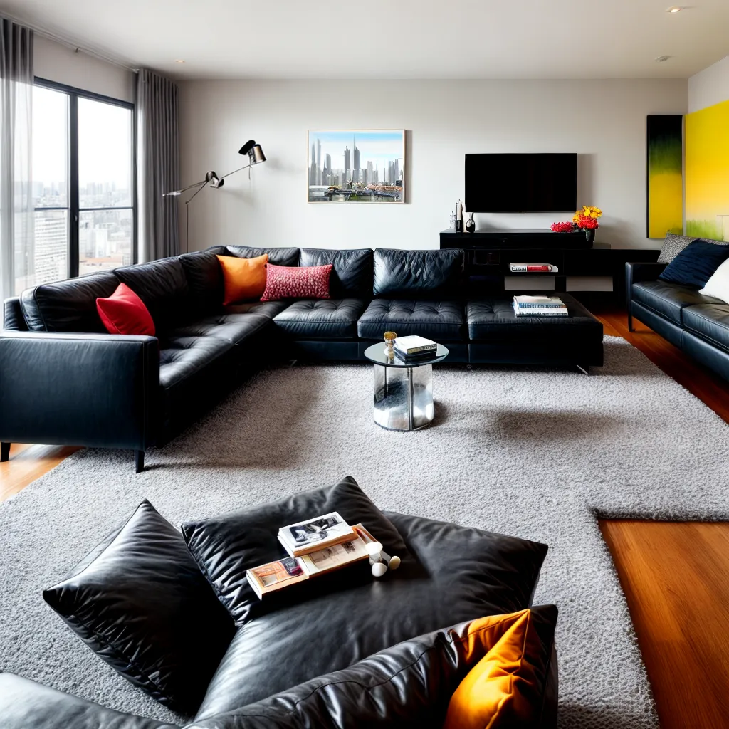 sala estar sofa preto arte cidade