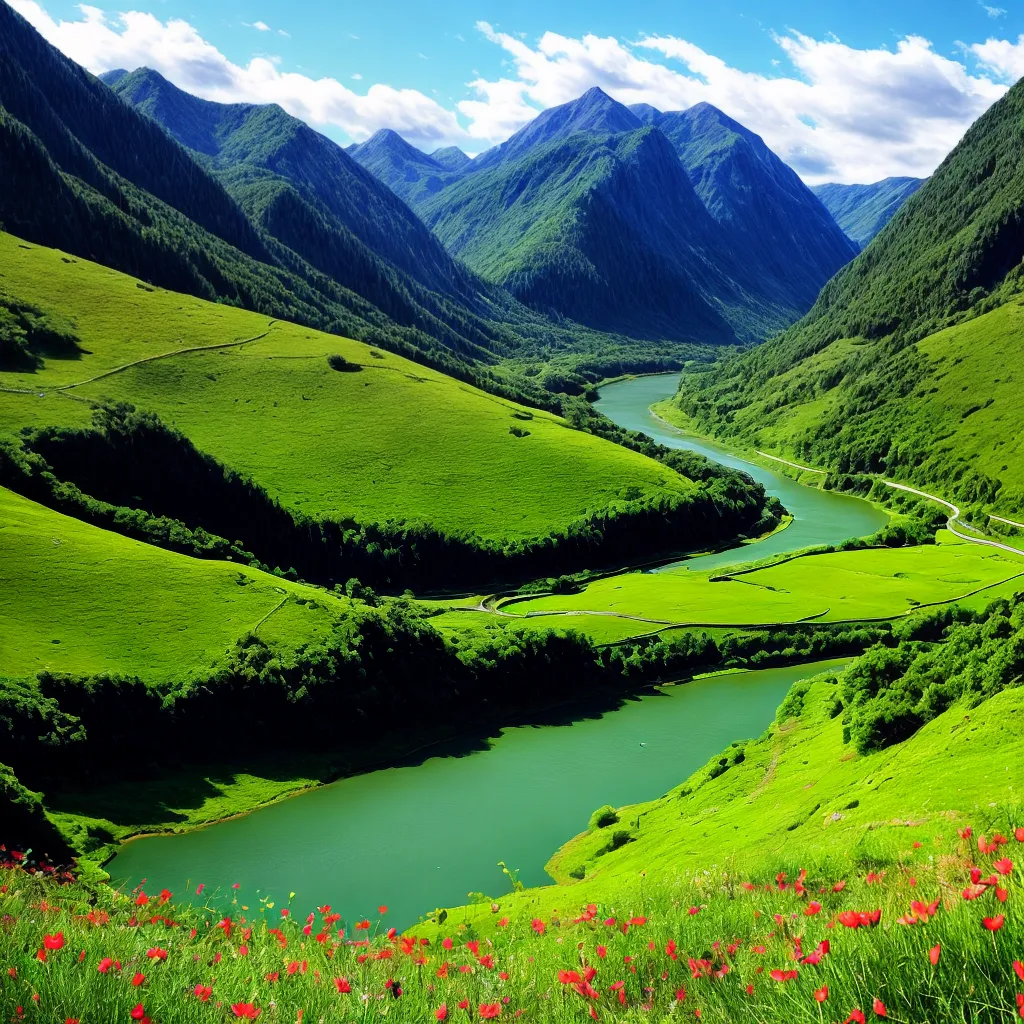 paisagem serena montanhas rio flores