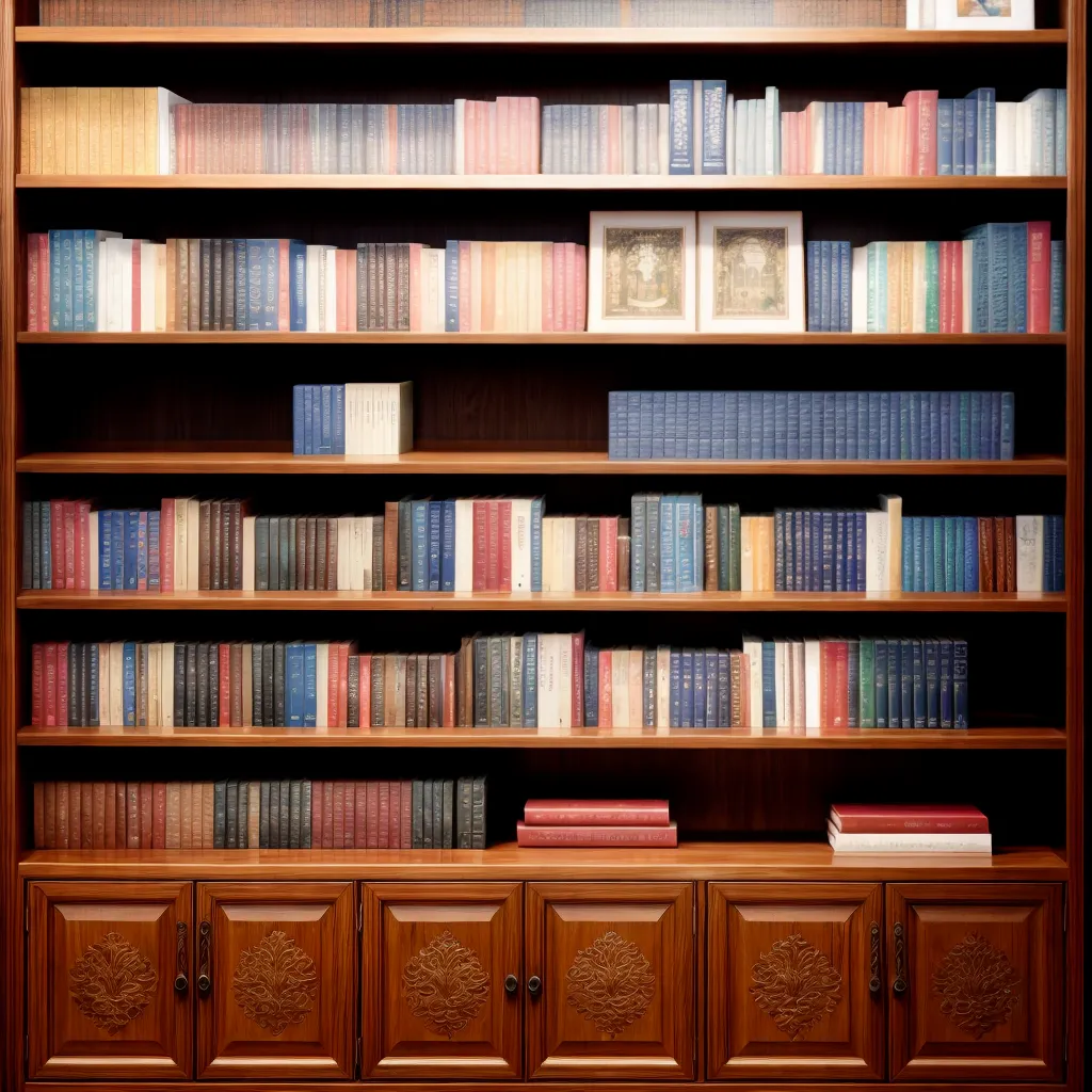 estante madeira entalhes livros organizados