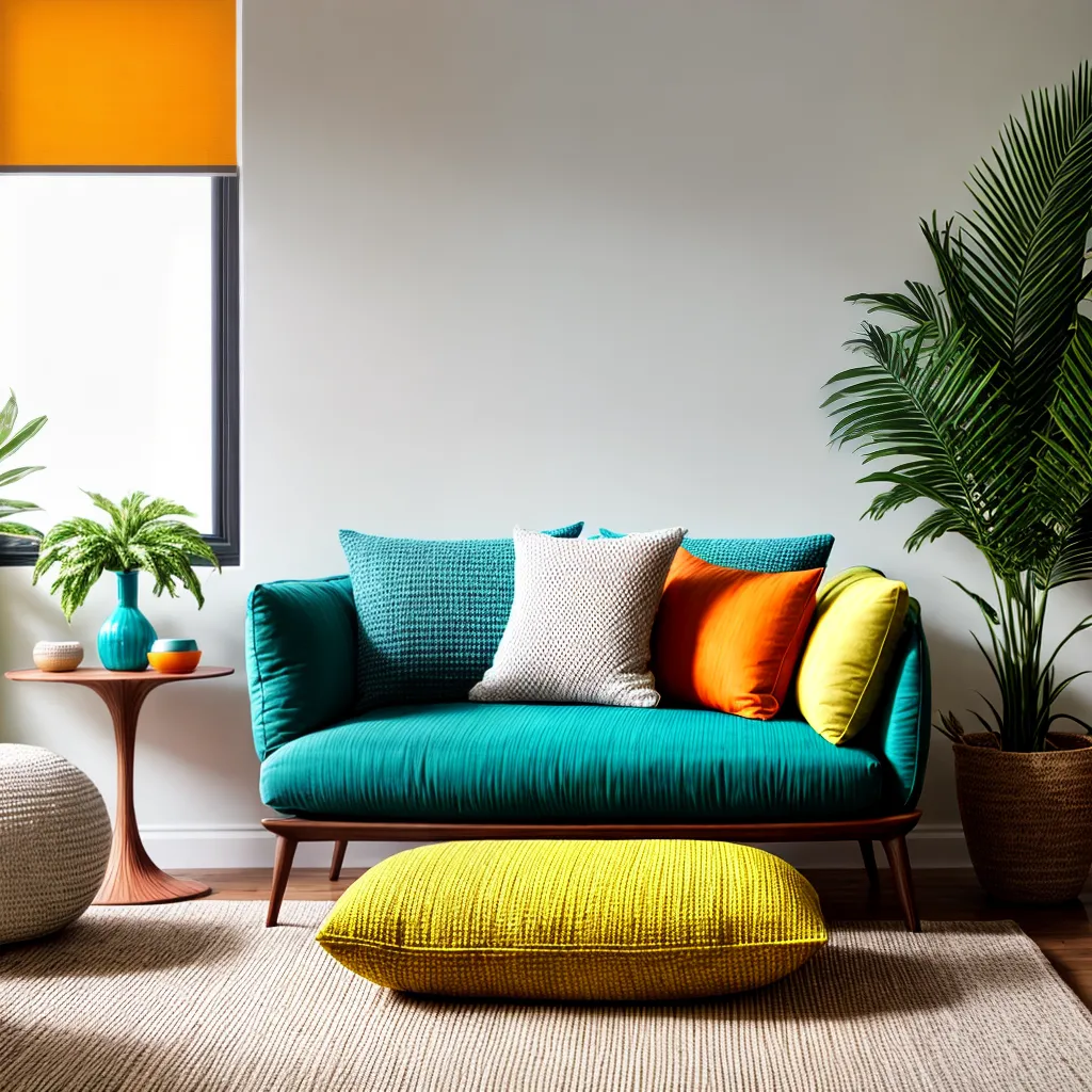 sala tropical palmeira sofa colorido