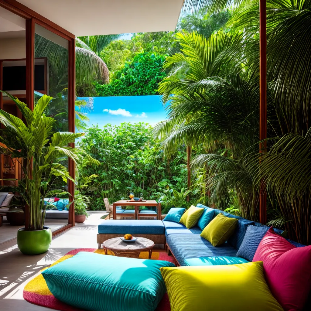 sala tropical plantas moveis rattan