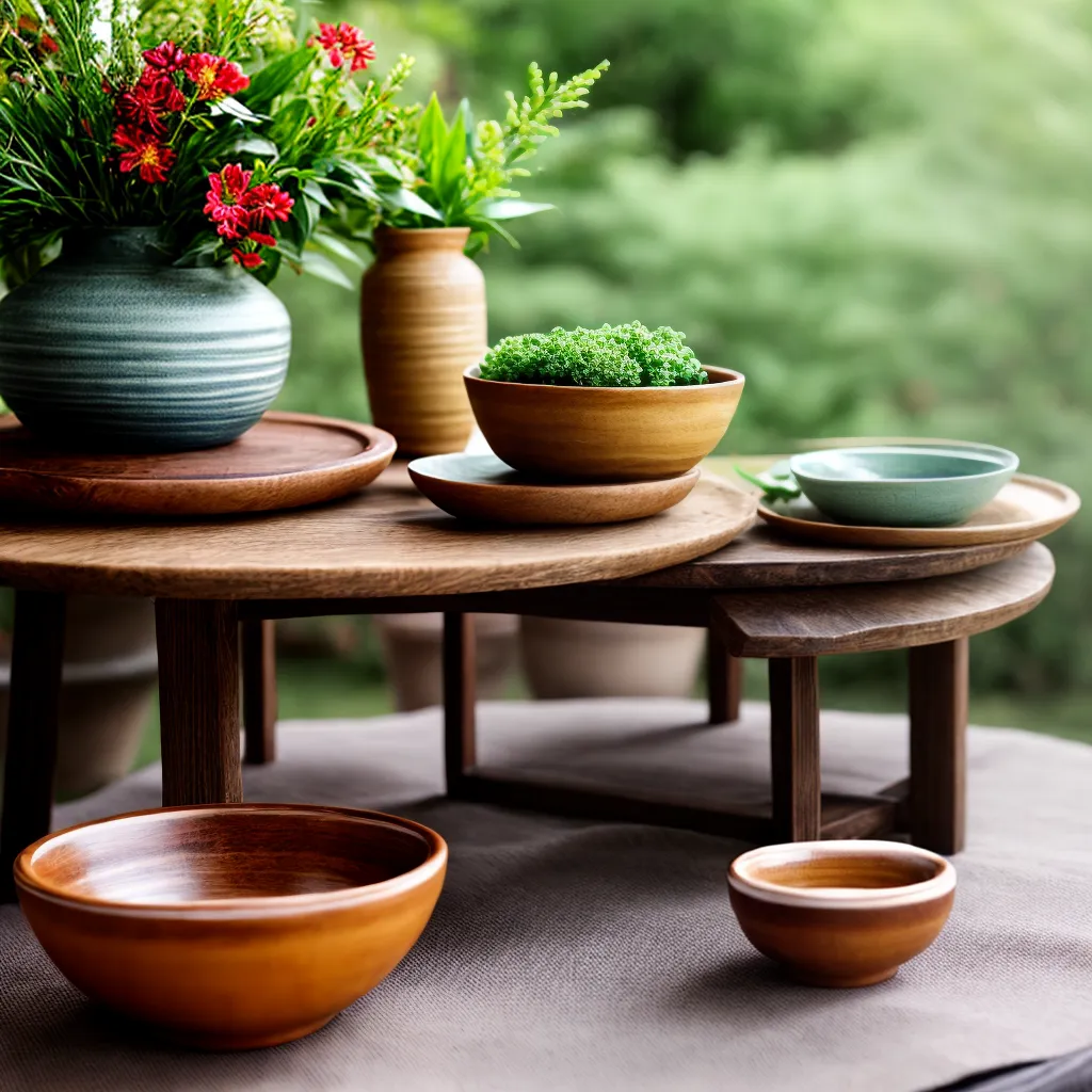 mesa rustica vasos ceramicas flores