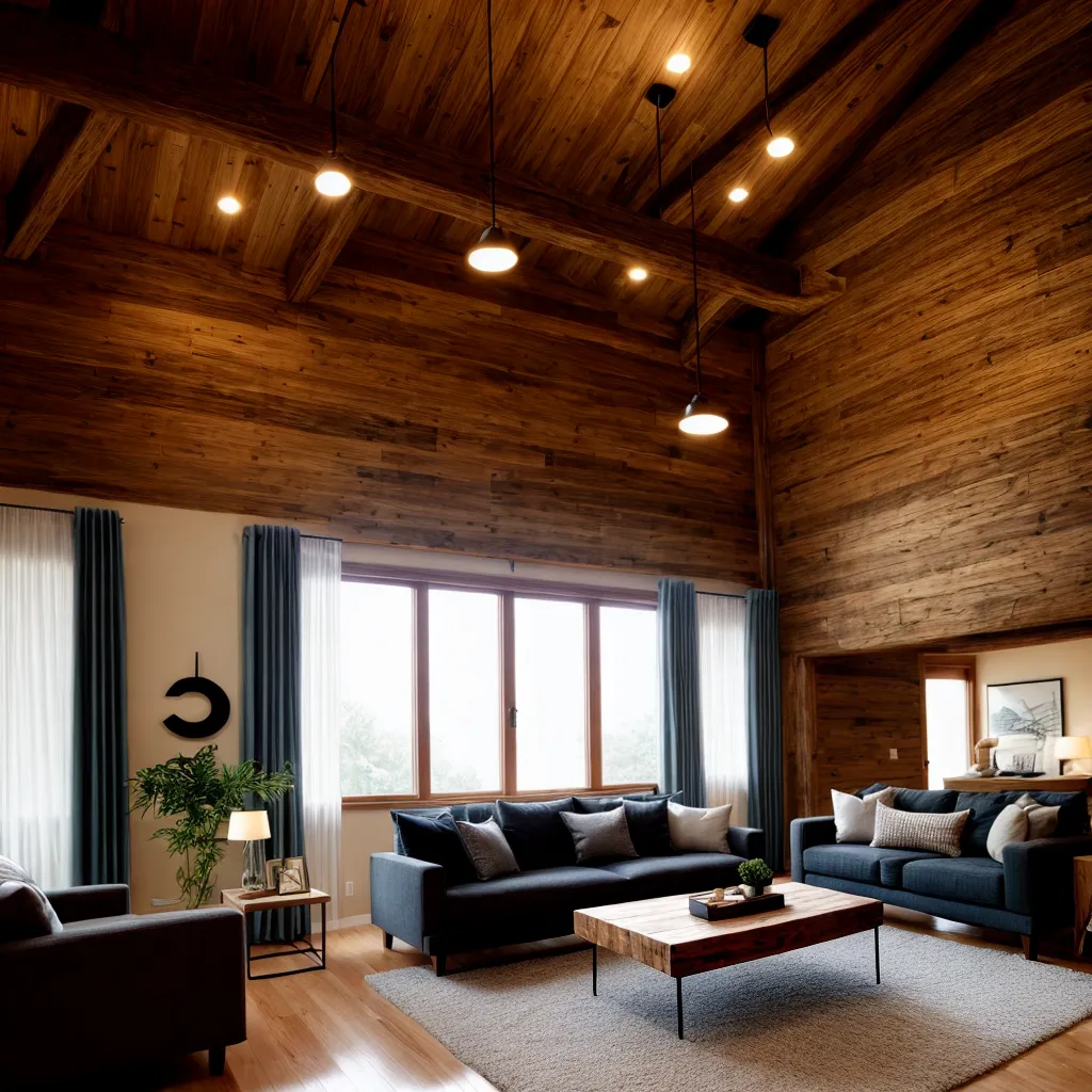 sala estar teto madeira luzes pendentes