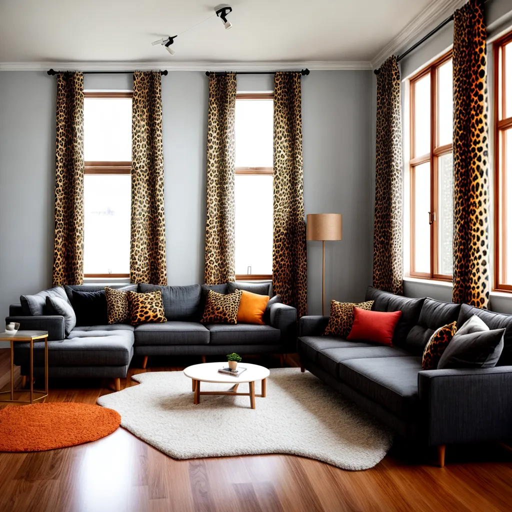 sala animais janelas cortinas leopardo