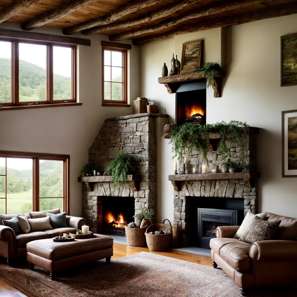 sala rustica lareira sofas campo