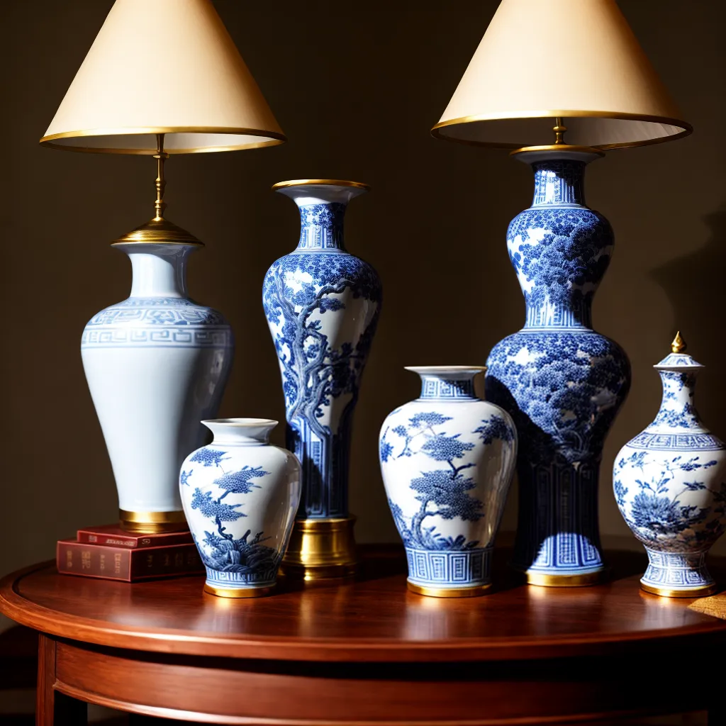 vaso porcelana azul branco mesa madeira