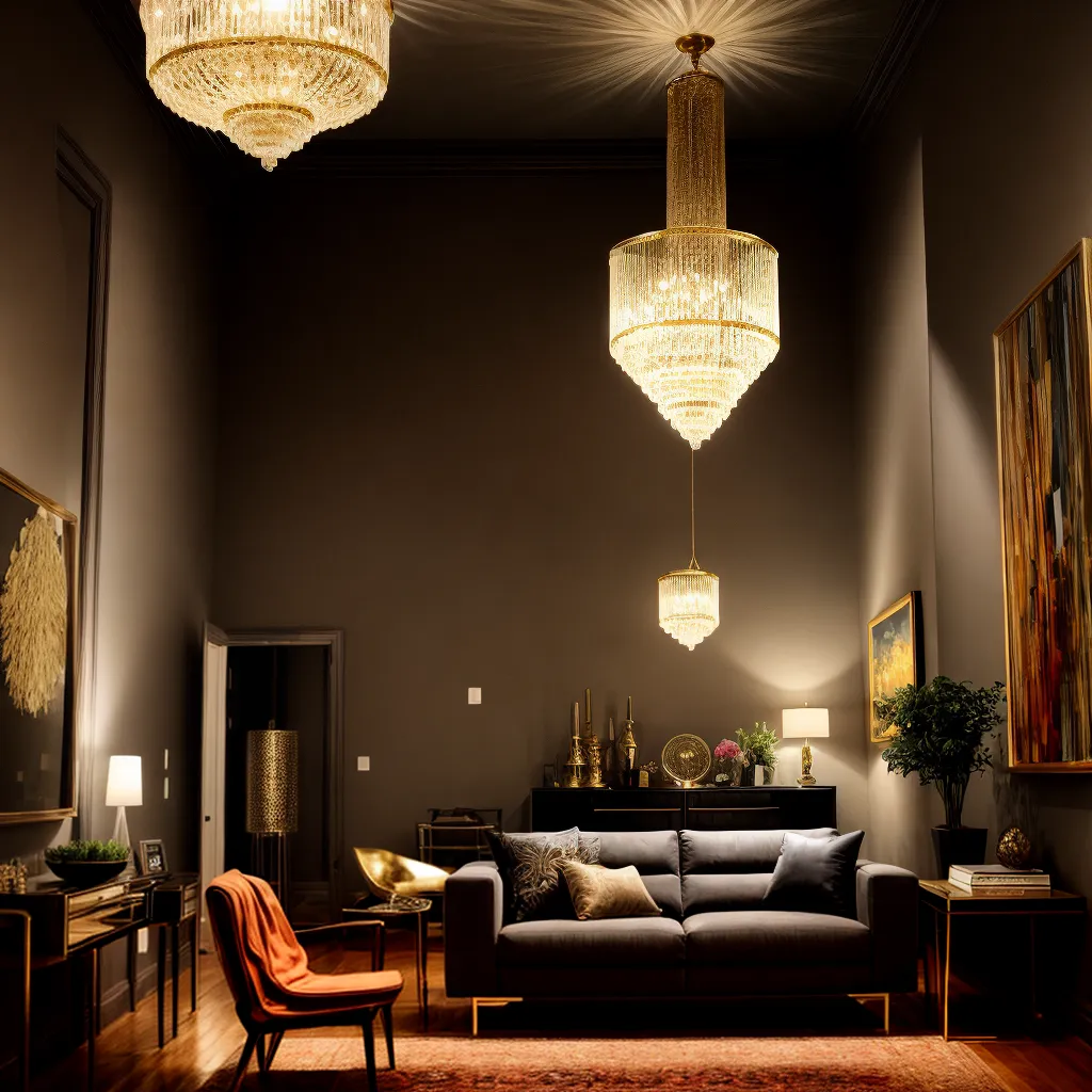 sala decorada metal lustre esculturas