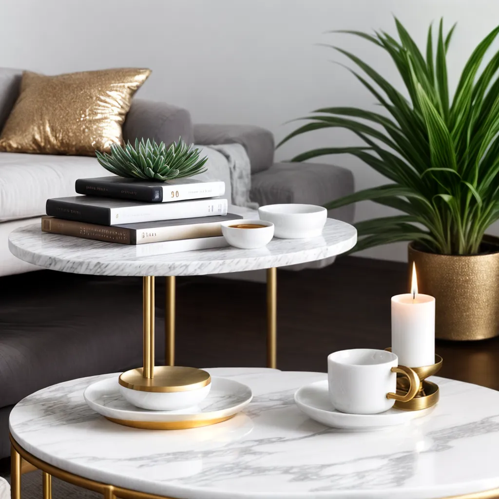 mesa marmore branco objetos decorativos