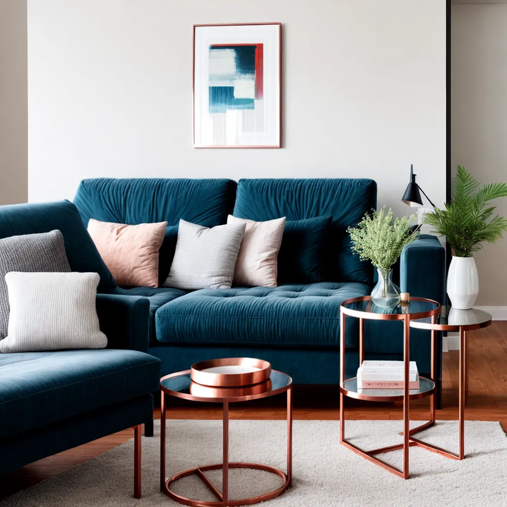 sala minimalista mesa cobre elegante
