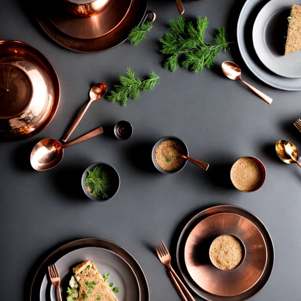 mesa cobre utensilios elegante rustico