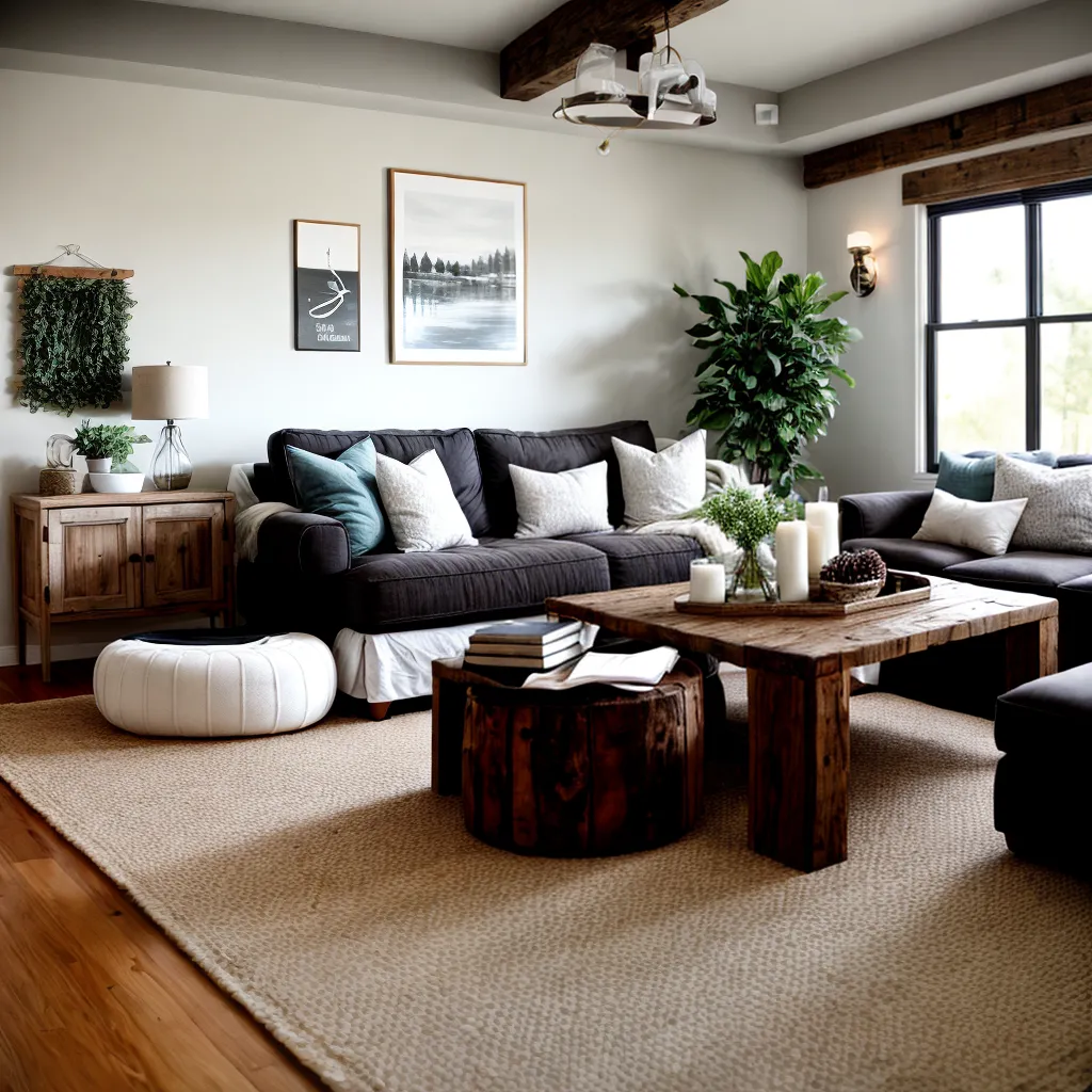 sala decorada rustica mesa madeira sofa