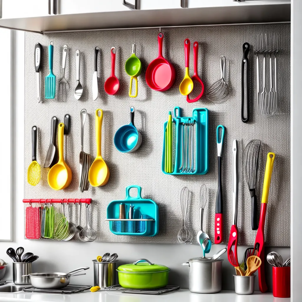 pegboard utensilios cozinha colorido