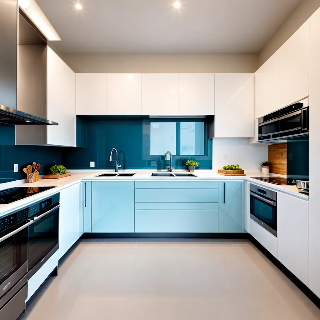 cozinha moderna branco azul utensilios